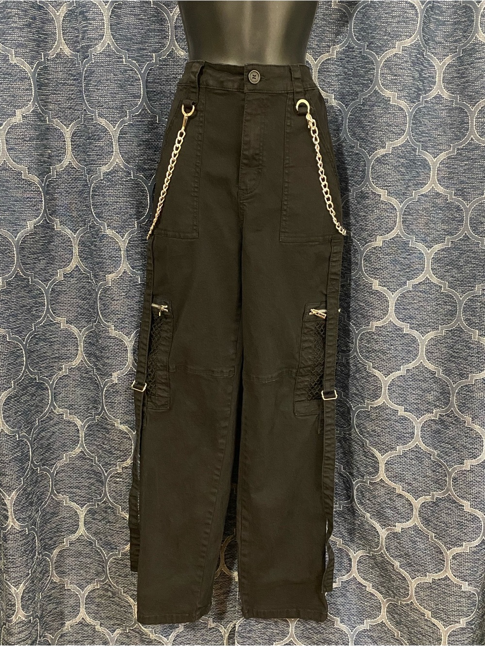 Royal Bones Black Wide-Leg Cargo Pants with Chain Accents